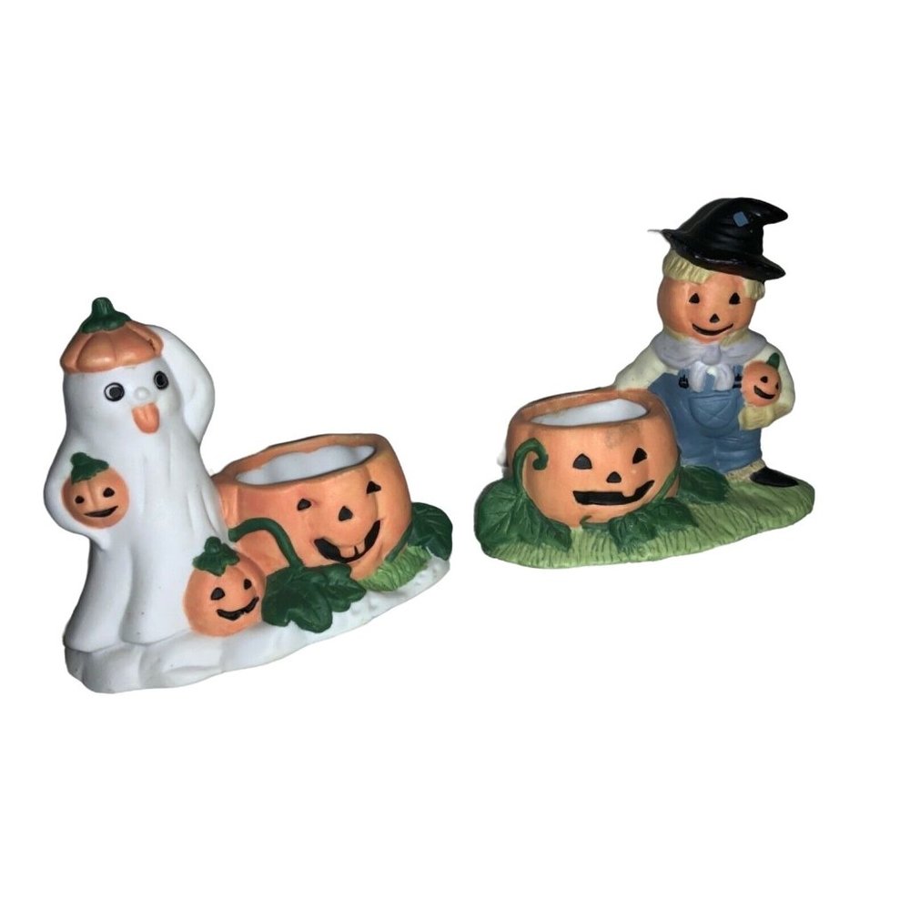 2 Halloween Candle Holders-  Ghost, Scarecrow Pumpkin